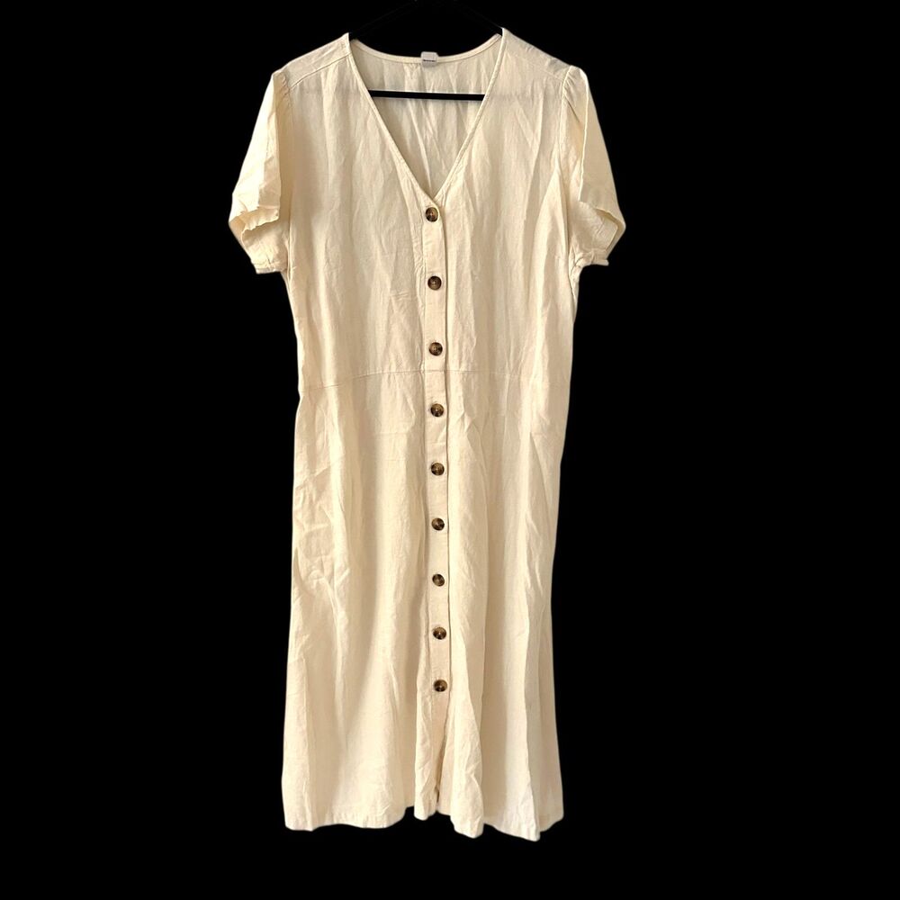 Old Navy Cream Full Button Short Sleeve Linen Nylon Blend Maxi Dress Size XL
